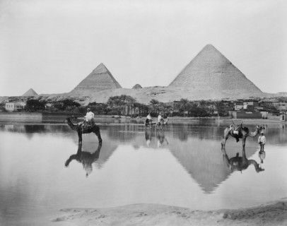 Men and Camels in Shallow Flood Water with Pyramids in Background, Egypt, 1890