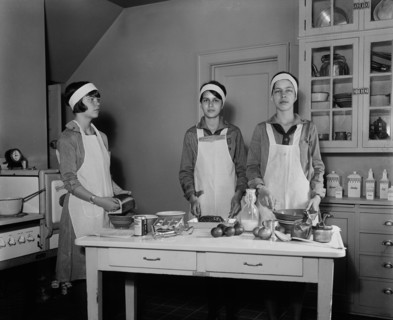 Girl Scouts Preparing Food in Kitchen, Harris & Ewing, 1931