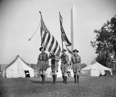 Four Marching Boy Scouts during National Jamboree with Washington Memorial in Background, Washington DC, USA, Harris & Ewing, 1937