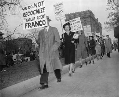Representatives of the Washington branch of the American League for Peace and Democracy Demonstrating Against Fascism and Nazism outside Italian Embassy, Washington DC, USA, Harris & Ewing, April 1939