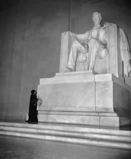 Marian Anderson Standing at Statue of Abraham Lincoln, Lincoln Memorial, Washington DC, USA, Harris & Ewing, April 1939
