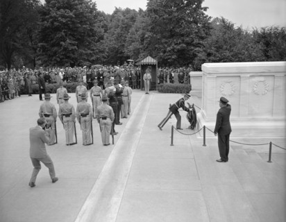 President Franklin Roosevelt's Wreath being Placed by Major Horace B. Smith at Tomb of Unknown Soldier on Memorial Day, Arlington National Cemetery, Arlington, Virginia, USA, Harris & Ewing, May 30, 1...