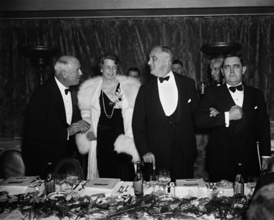 Postmaster General James A. Farley, First Lady Eleanor Roosevelt and U.S. President Franklin Roosevelt Attending Democratic Victory Dinner, Washington DC, USA, Harris & Ewing, March 4, 1937