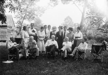 Henry Ford, Thomas Edison, U.S. President Warren Harding Harvey Firestone with Families, Portrait while Sitting at Campsite, Maryland, USA, Harris & Ewing, 1921