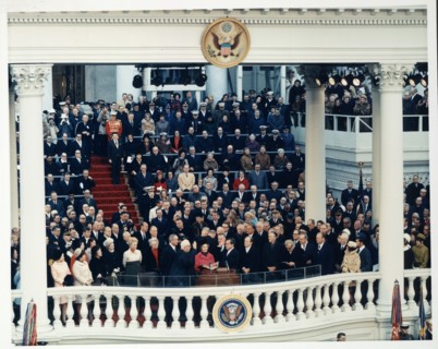 Chief Justice Earl Warren administering the oath of office to Richard M. Nixon on the east portico of the U.S. Capitol, Washington DC, USA, Architect of the Capitol, January 20, 1969