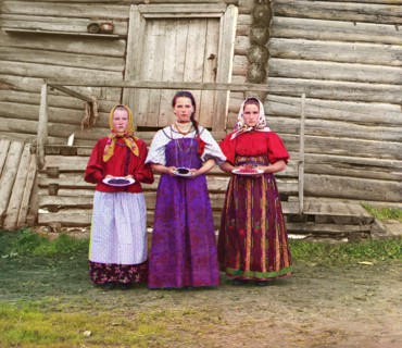 Three Peasant Girls Standing in Front of Rural House, near Kirillov, Russia, Prokudin-Gorskii Collection, 1909
