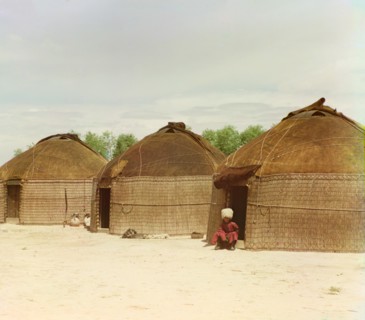 Portrait of Seated Man and Three Tekin Yurts, Bairam-Ali area, Turkmenistan, Russian Empire, Prokudin-Gorskii Collection, 1910