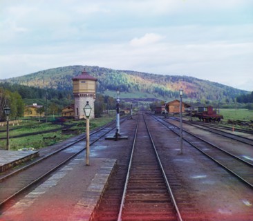 View from the rear platform of the Simskaia Station of the Samara-Zlatoust Railway, Prokudin-Gorskii Collection, 1909
