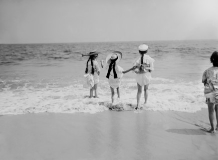 Three Young Girls Wading into Water, Coney Island, New York, USA, Detroit Publishing Company, 1905