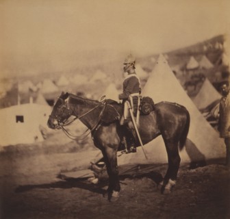 British Major Adolphus Burton, 5th Dragoon Guards, Seated Portrait in Uniform on Horse, Conical Military Tents in Background, Crimean War, Crimea, Ukraine, by Roger Fenton, 1855