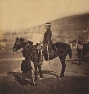 British Brigadier General Lord George Paget, 4th (Queen's Own) Regiment of Light Dragoons, Full-Length Portrait Wearing Uniform, Sitting on Horse, another Officer Standing Nearby, Crimean War, Crimea,...