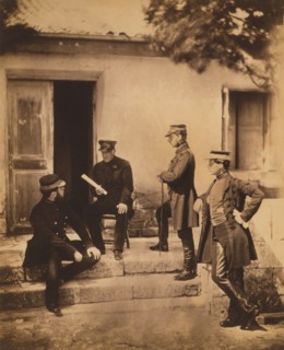 British Lieutenant-General Sir Harry Jones (seated in chair) with Lieutenant-Colonel Bouchier, Lieutenant Cowel, Lieutenant Jameson, Crimean War, Crimea, Ukraine, by Roger Fenton, 1855