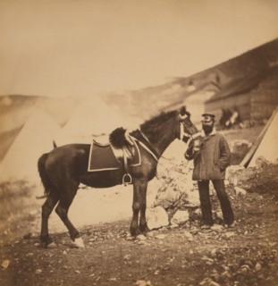 British Captain John Drysdale, Full-length Portrait Holding Reins of Horse, Crimean War, Crimea, Ukraine, by Roger Fenton, 1855