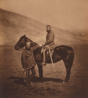British Captain Edward Phillips and Lieutenant Yates of the 8th Hussars, Full-Length Portrait with Horse, Portrait, Crimean War, Crimea, Ukraine, by Roger Fenton, 1855