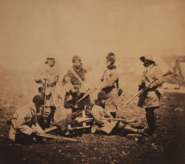 Group of British Soldiers from 68th Regiment, Durham Light Infantry, Full-Length Portrait Wearing Winter Uniforms and Holding Weapons, Crimean War, Crimea, Ukraine, by Roger Fenton, 1855