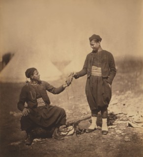 Two French Army Zouaves, Portrait Wearing Uniforms, Crimean War, Crimea, Ukraine, by Roger Fenton, 1855
