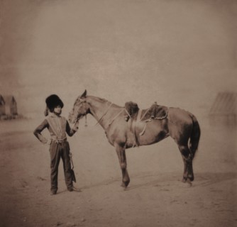 British Lieutenant Shadwell Morley Grylls, Portrait in Uniform Standing Next to Horse, Crimean War, Crimea, Ukraine, by Roger Fenton, 1855