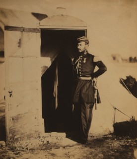British Captain Charles A. Fay, Portrait Leaning Against Military Tent Entrance, Crimean War, Crimea, Ukraine, by Roger Fenton, 1855