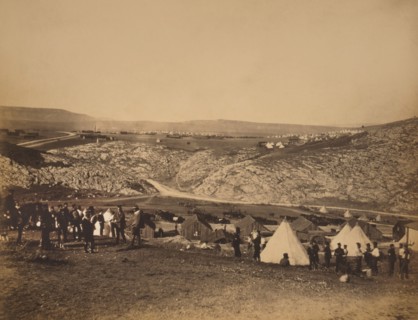 British Major Brandling's Troop, Encampment of Horse Artillery, showing Soldiers, Huts and Bell Tents, during Crimean War, near Kadikoi, Crimea, Ukraine, by Roger Fenton, 1855