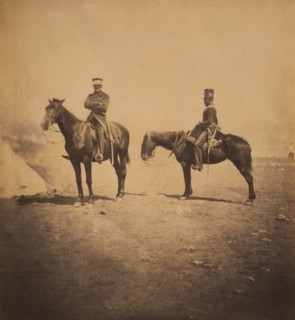 British General Sir John L. Pennefather, 4th Light Dragoons, and Orderly, Seated full-length Portrait on Horses, Crimean War, Crimea, Ukraine, by Roger Fenton, 1855