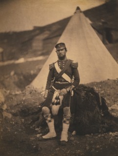 British Captain Robert Cuninghame, 42nd Royal Highland Regiment, Full-Length Portrait in Uniform with Military Tent in Background, Crimean War, Crimea, Ukraine, by Roger Fenton, 1855