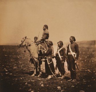 Hungarian General Gyorgy Kmety, (aka Ismail Pasha), Full-Length Portrait Seated on Horse, with Four Attendants, Crimean War, Crimea, Ukraine, by Roger Fenton, 1855