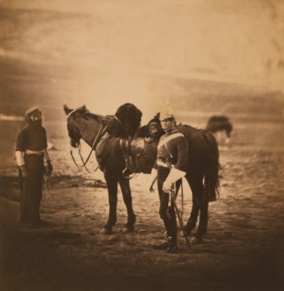British Lieutenant Temple Godman, 5th Dragoon Guards, Full-Length Portrait Standing with Horse and Servant, Crimean War, Crimea, Ukraine, by Roger Fenton, 1855