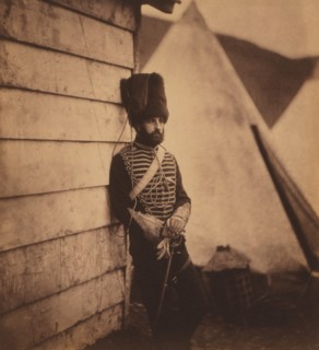 British Captain Thomas Longworth Dames, Three-Quarter Length Portrait in Uniform Standing near Military Tent, Crimean War, Crimea, Ukraine, by Roger Fenton, 1855
