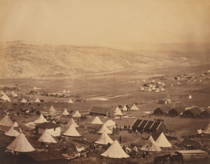 View of British Military Camp with Tents, Buildings, Soldiers and Horses, Crimean War, Crimea, Ukraine, by Roger Fenton, 1855