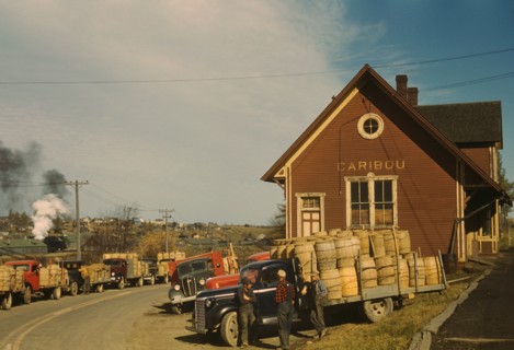 Trucks Carrying Barrels of Potatoes to be Graded and Weighed Lined up in front of Starch Factory, Caribou, Aroostook County, Maine, USA, Jack Delano for Farm Security Administration - Office of War In...