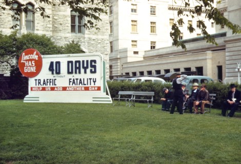 Park and Billboard, "Lincoln has Gone 40 Days without a Traffic Fatality, Help us add another Day", Lincoln, Nebraska, USA, John Vachon for Farm Security Administration - Office of War Information, 19...