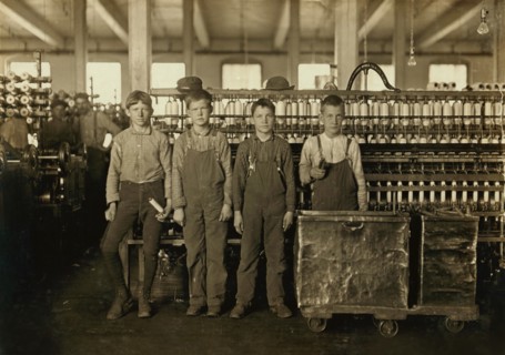 Four Young Doffer Boys, Full-Length Portrait, Usually Work 12 hours without any hour off for lunch, Daniel Manufacturing Company, Lincolnton, North Carolina, USA, Lewis Hine for National Child Labor C...