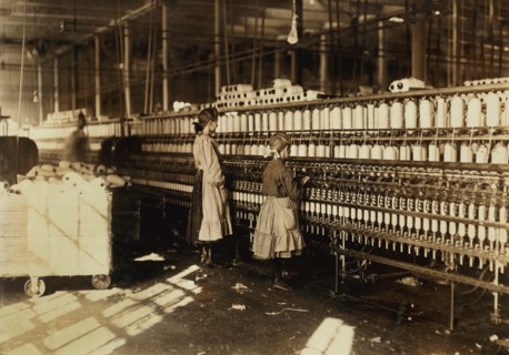 Two Young Spinners, Full-Length Portrait in Spinning Room at Cotton Mill, Newberry, South Carolina, USA, Lewis Hine for National Child Labor Committee, December 1908