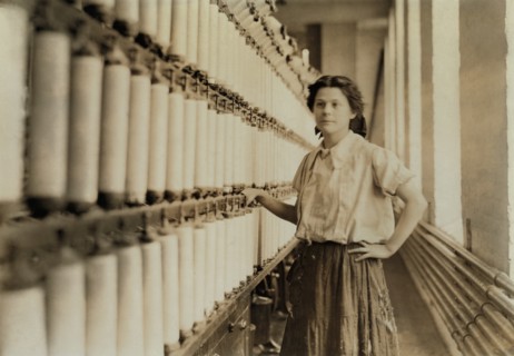 Anna Grenier, at her "Speeder", Chace Cotton Mill, Burlington, Vermont, USA, Lewis Hine for National Child Labor Committee, May 1909
