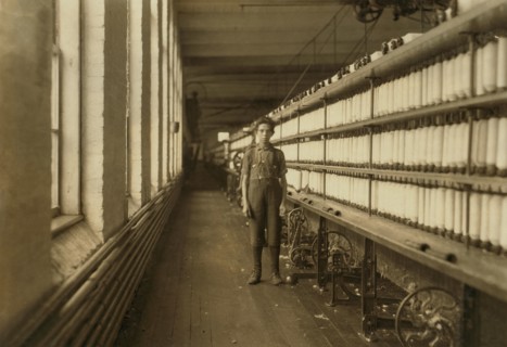 Jo Bodeon, a 'Back Roper" in Mule Room, Chace Cotton Mill, Burlington, Vermont, USA, Lewis Hine for National Child Labor Committee, May 1909