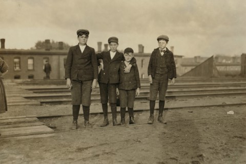 Four Young Boys Employed at Great Falls Manufacturing Company, Full-Length Portrait, Somersworth, New Hampshire, USA, Lewis Hine for National Child Labor Committee, May 1909