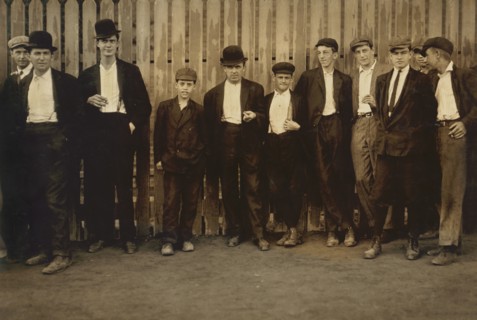 Portrait of Male Workers Heading to the Ayer Textile Mill, 6:30 to 7:00 a.m., Lawrence, Massachusetts, USA, Lewis Hine for National Child Labor Committee, September 1911