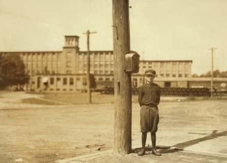 Clarence Noel, Full-Length Portrait, Works as Doffer at Hodges Fibre Carpet Company, Indian Orchard, Massachusetts, USA, Lewis Hine for National Child Labor Committee, September 1911