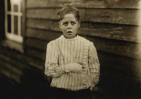 Giles Edmund Newsom, Young Cotton Mill Worker, 12 years old, Fell on to Spinning Machine and his hand went to into unprotected gearing, losing two fingers, Half-length Portrait, Sanders Spinning Mill,...