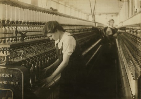 Bertha Bonneau, 15 years old, Doffer on Jack Speeder in Card Room, King Philip Mills, Fall River, Massachusetts, USA, Lewis Hine for National Child Labor Committee, June 1916