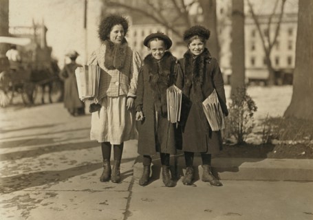 Yedda Welled, 11 years, Rebecca Cohen, 12 years & Rebecca Kirwin, 14 years, Portrait Selling Newspapers, Hartford, Connecticut, USA, Lewis Hine for National Child Labor Committee, March 1909