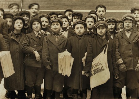 Large Group of Newsies, Half-Length Portrait Standing at the Times Office, Hartford, Connecticut, USA, Lewis Hine for National Child Labor Committee, March 1909