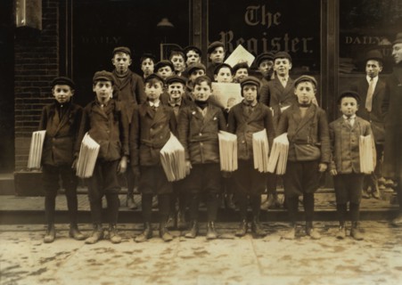 Group of Young Newsboys, Full-Length Portrait, New Haven, Connecticut, USA, Lewis Hine for National Child Labor Committee, March 1909