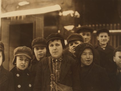 Group of Young Newsboys, Utica, New York, USA, Lewis Hine for National Child Labor Committee, February 1910