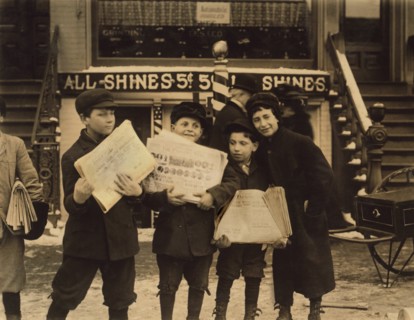 Four Newsboys Selling Newspapers after School, Schenectady, New York, USA, Lewis Hine for National Child Labor Committee, February 1910