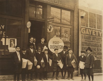 Group of Newsboys Standing in front of Burley's Branch Office, 23rd Street near Olive, St. Louis, Missouri, USA, Lewis Hine for National Child Labor Committee, May 1910