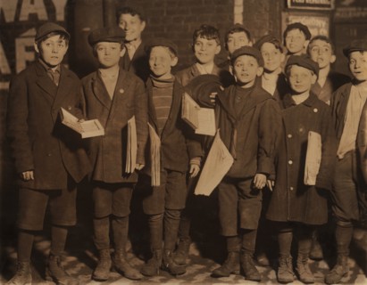 Group of Young Newsboys and Vendors Selling Newspapers at 9:00 p.m., St. Louis, Missouri, USA, Lewis Hine for National Child Labor Committee, May 1910