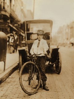 Harvey Buchanan, 14 years, Postal Telegraph Company Messenger, Full-Length Portrait with Bicycle, Wilmington, Delaware, USA, Lewis Hine for National Child Labor Committee, May 1910