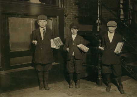 Three Young Boys Selling Gum Near National Theater at Night, Full-Length Portrait, Washington DC, USA, Lewis Hine for National Child Labor Committee, April 1912