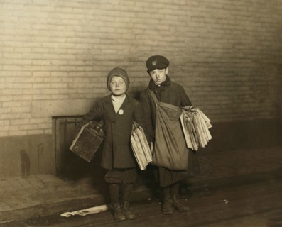 Stanley Steiner, 10 years old, Boot-Black and Newsboy, & Jacob Botvin, 13 years old, Newsboy, Full-Length Portrait Working at 1:00am, Providence, Rhode Island, USA, Lewis Hine for National Child Labor...